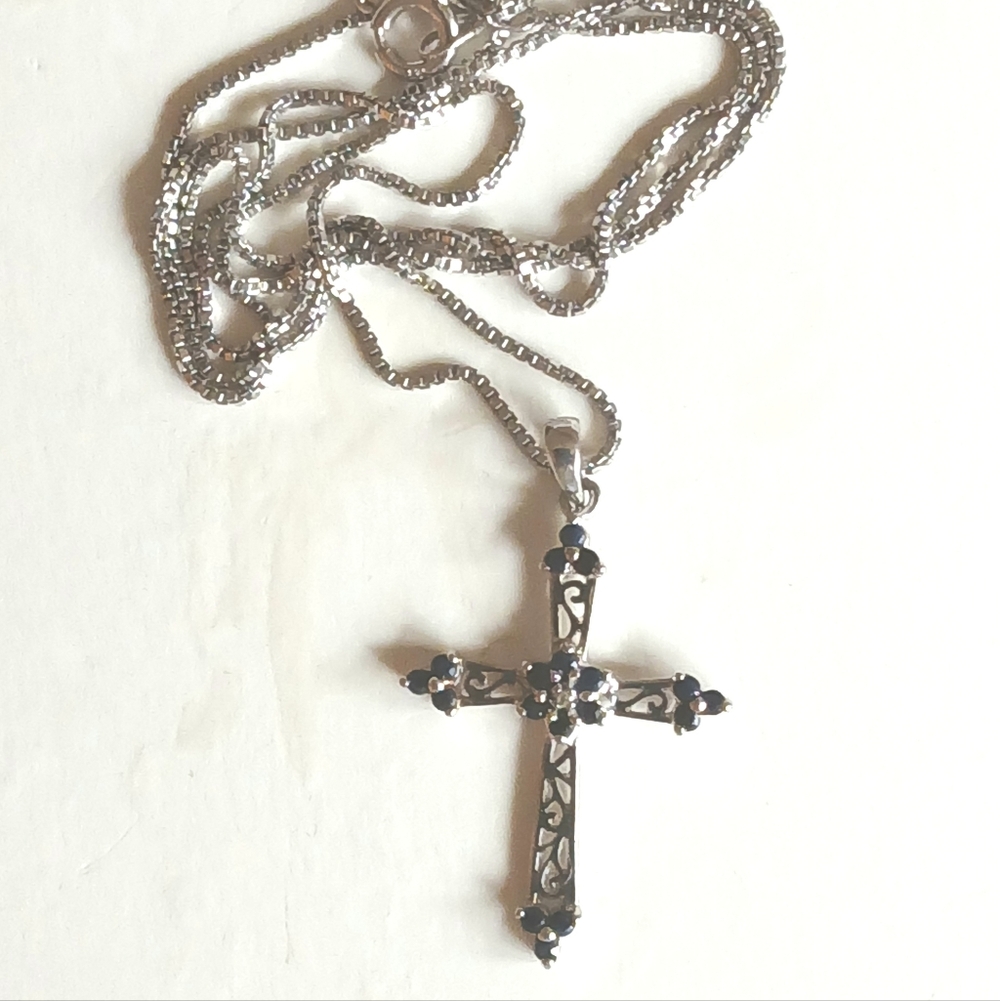 Sterling Silver And Sapphire Cross Pendant Necklace